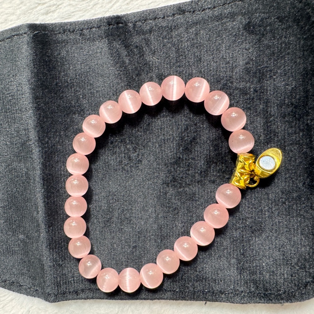 2 Pink Cat Eye Glass Bead Bracelets Gold Tone Magnetic Clasp Charm Set